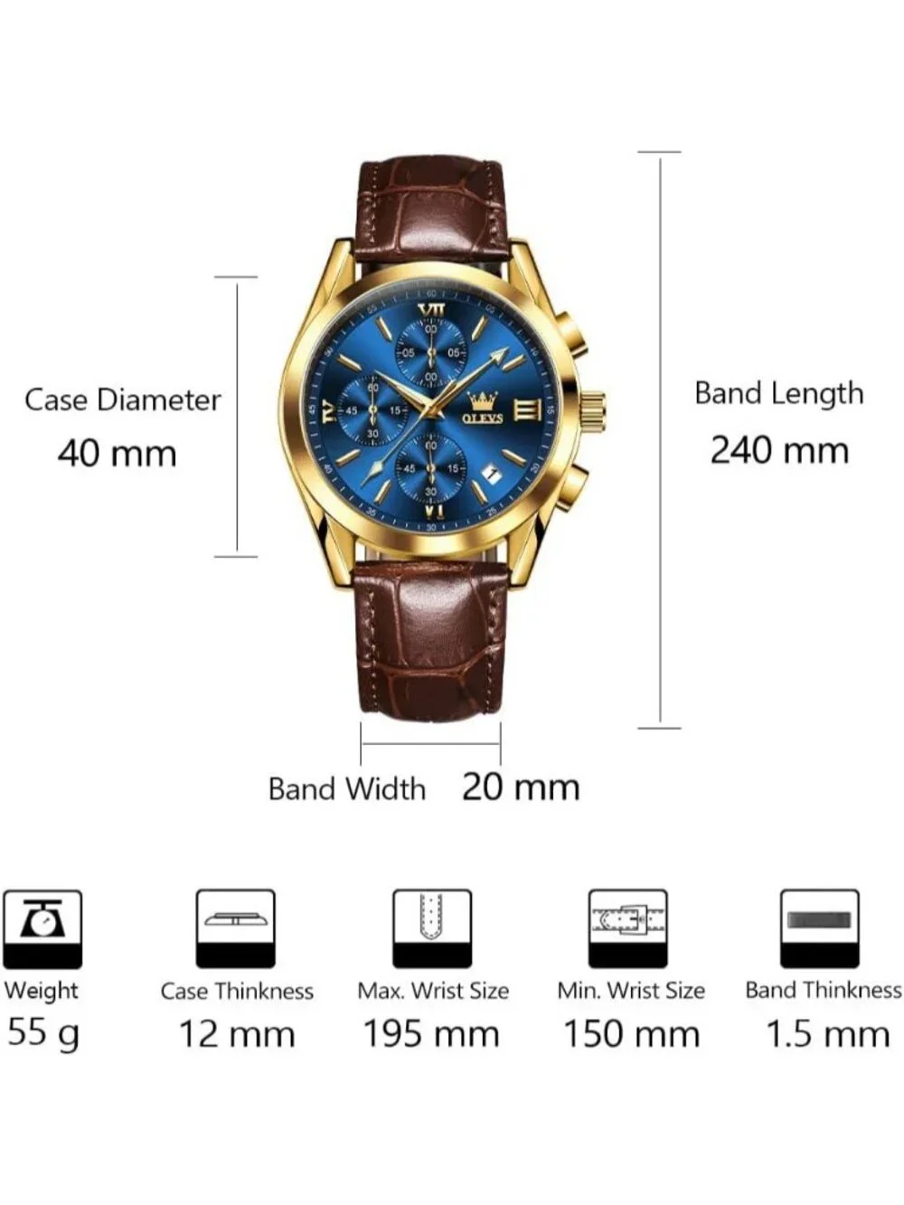 Men's Blue Brown Leather Chronograph Watch Big Face Waterproof Luminous Watch